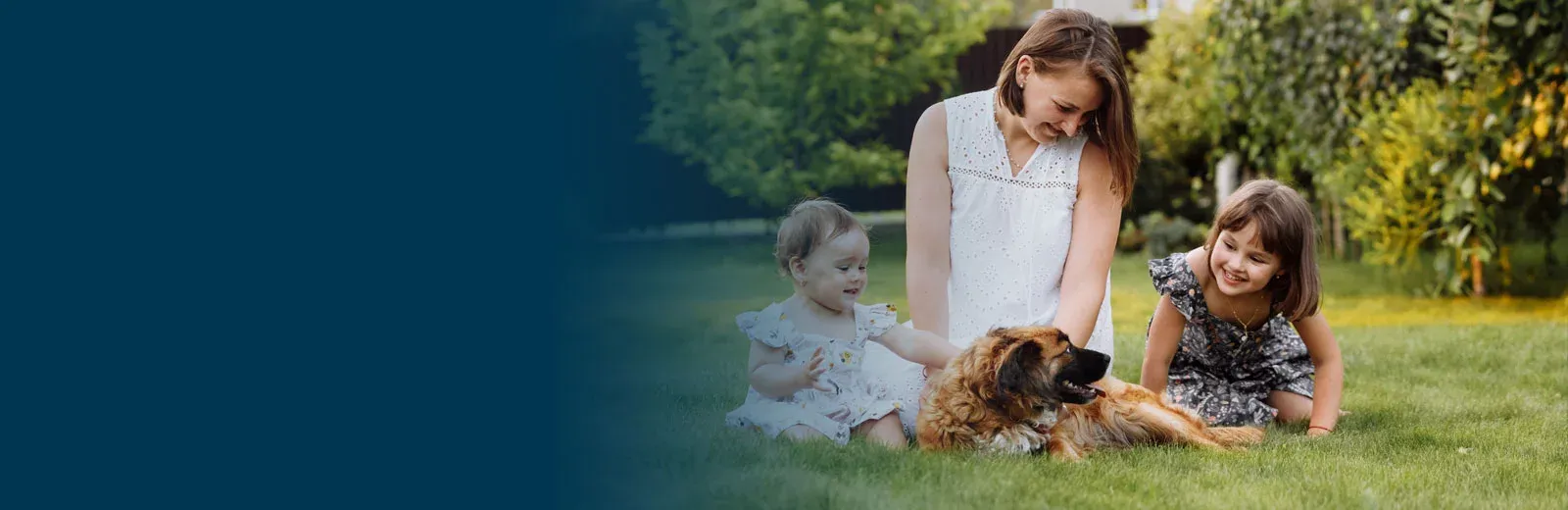 family playing outside with dog